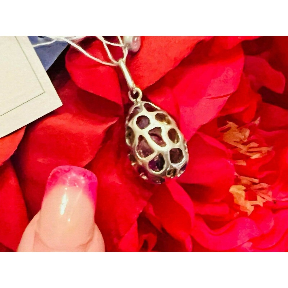 Faberge Sterling Silver Pink Purple Egg Pendant Russian Necklace Jewelry Hearts